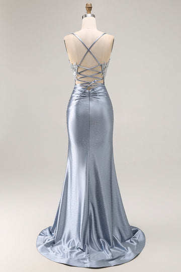 Grey Blue Mermaid Beaded Corset Long Prom Dress With Appliques